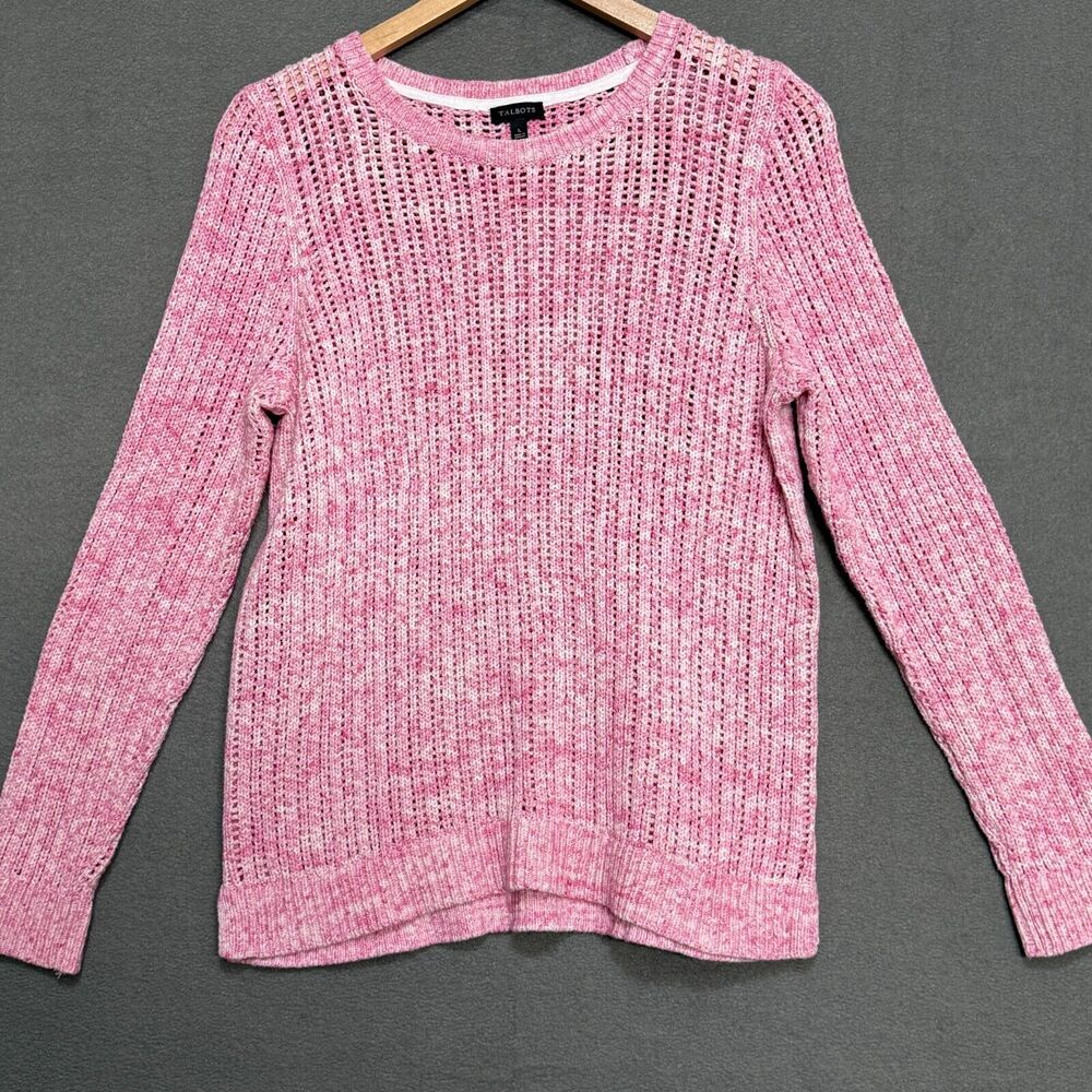 Talbots Sweater Women Large Pink Marbled Open Knit Pullover Stretch 100% Cotton
